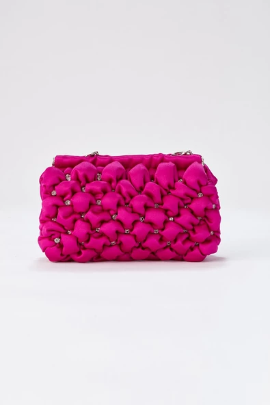 Gümüş Zincirli Fuşya Saten Taşlı Kadın Clutch - 4