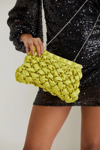 Lime Yeşili Kapitone Saten Kadın Clutch Çanta