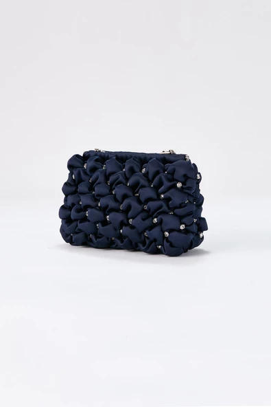 Gümüş Zincirli Lacivert Saten Taşlı Kadın Clutch - 5