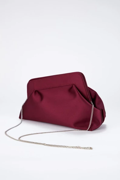 Bordo Asimetrik Çapraz Zincirli Saten Kadın  Clutch - 3