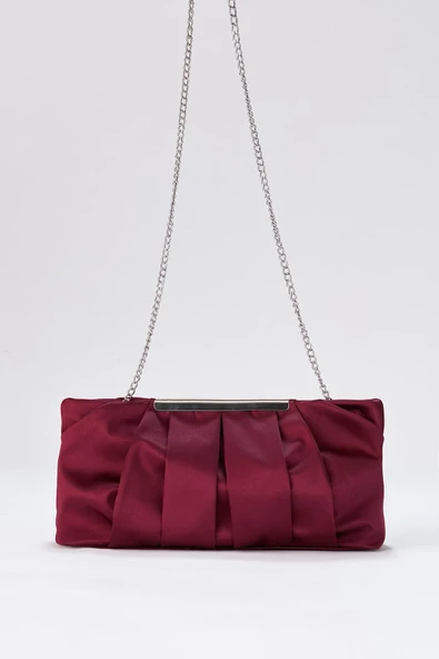 Bordo Zincir Askılı Pileli Saten Kadın Clutch - 5