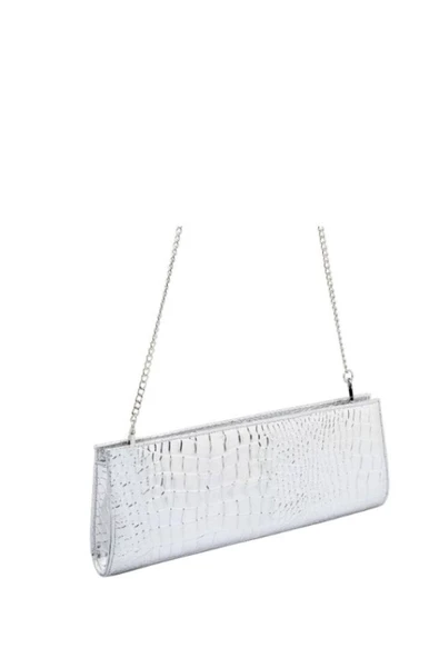 Gümüş Kroko Deri Kadın Clutch - 3