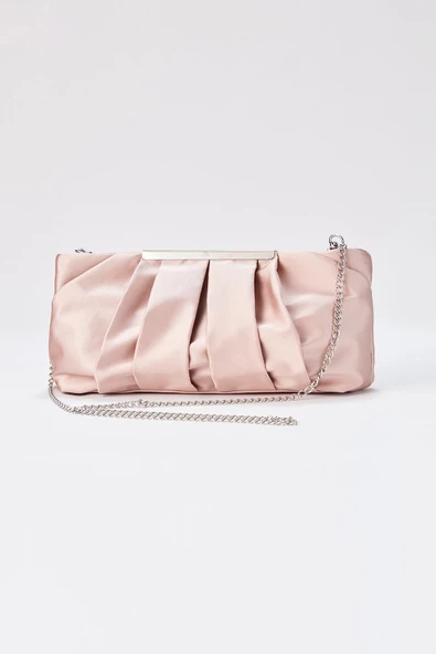 Şampanya Rengi Zincir Askılı Pileli Saten Kadın Clutch - 3