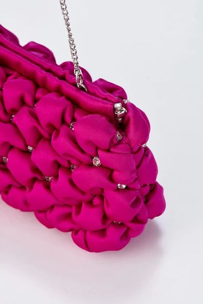 Gümüş Zincirli Fuşya Saten Taşlı Kadın Clutch - 7