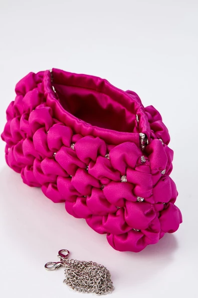 Gümüş Zincirli Fuşya Saten Taşlı Kadın Clutch - 8