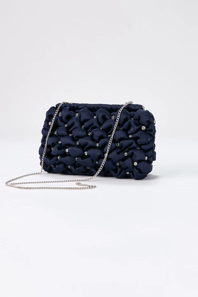 Gümüş Zincirli Lacivert Saten Taşlı Kadın Clutch - 6