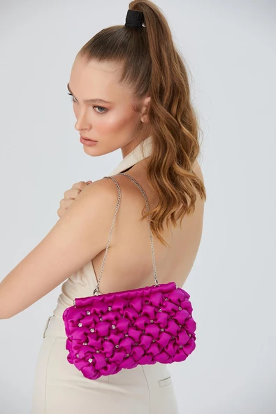 Gümüş Zincirli Fuşya Saten Taşlı Kadın Clutch - 2