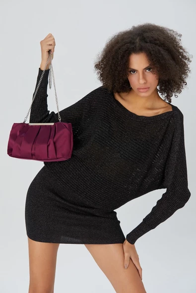 Bordo Zincir Askılı Pileli Saten Kadın Clutch
