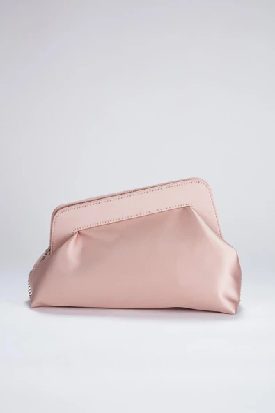 Pudra Asimetrik Çapraz Zincirli Saten Kadın  Clutch