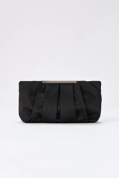 Siyah Zincir Askılı Pileli Saten Kadın Clutch - 4