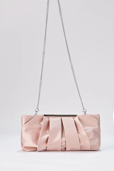 Şampanya Rengi Zincir Askılı Pileli Saten Kadın Clutch - 5