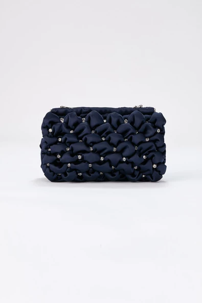 Gümüş Zincirli Lacivert Saten Taşlı Kadın Clutch - 4