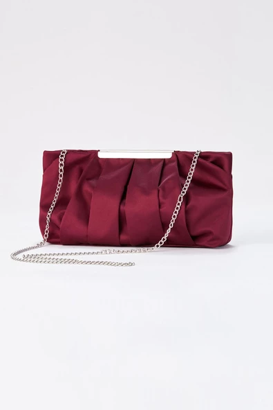 Bordo Zincir Askılı Pileli Saten Kadın Clutch - 3