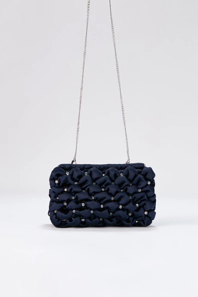 Gümüş Zincirli Lacivert Saten Taşlı Kadın Clutch - 7