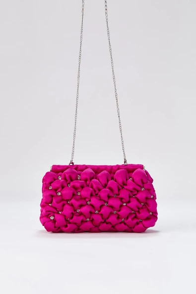 Gümüş Zincirli Fuşya Saten Taşlı Kadın Clutch - 6