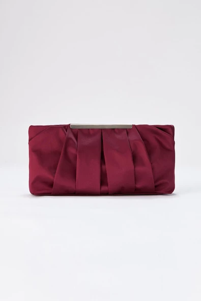 Bordo Zincir Askılı Pileli Saten Kadın Clutch - 2