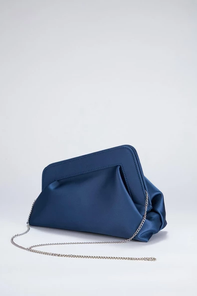 Mavi Asimetrik Çapraz Zincirli Saten Kadın  Clutch - 4