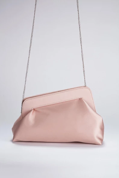 Pudra Asimetrik Çapraz Zincirli Saten Kadın  Clutch - 2
