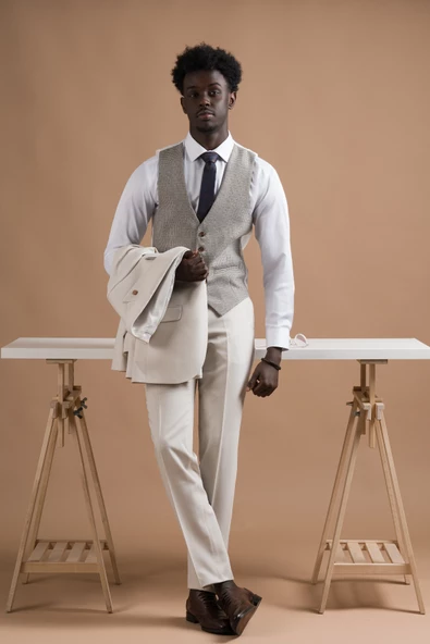 Carutte Slimfit Sivri Yaka Çift Pileli Dokulu Kumaş Yelek Kombinli Takım Elbise - 7