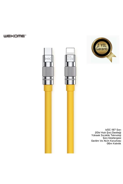wekome Wdc-187 Type-c To Lightning Pd 20w Hızlı Şarj Data Kablo 1 Metre Sarı - 2
