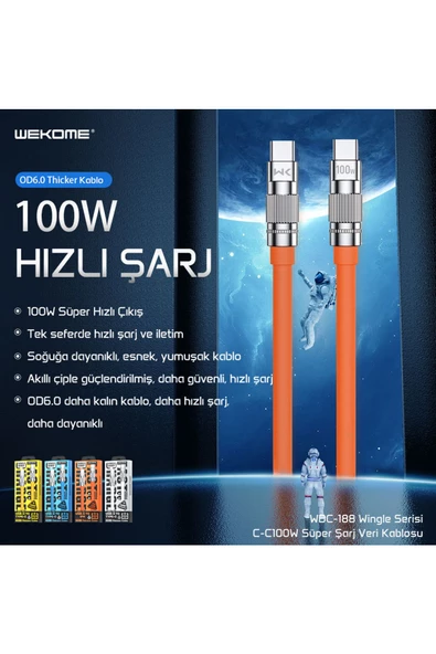 wekome WDC-188 BEYAZ TYP-C+TYP-C 100W Hızlı Şarj Destekli Veri ve Şarj Kablosu - 2