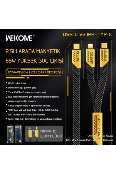wekome Wdc-189 Mecha 2 In 1 Type-c / Type-c To Lightning 65w 20w Hızlı Şarj Data Kablo 1 Metre Sarı - 4