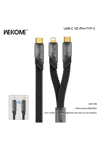 wekome Wdc-189 2 In 1 Type-c / Type-c To Lightning 65w 20w Hızlı Şarj Data Kablo 1 Metre - 6