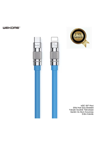 wekome WDC-187  Mavi 1m Type-C-Lightning PD20W Data ve Hızlı Şarj Kablosu Uyumlu - 2