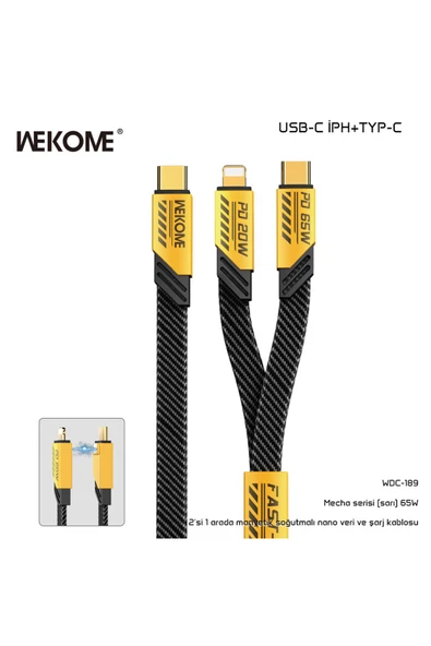 wekome Wdc-189 Mecha 2 In 1 Type-c / Type-c To Lightning 65w 20w Hızlı Şarj Data Kablo 1 Metre Sarı