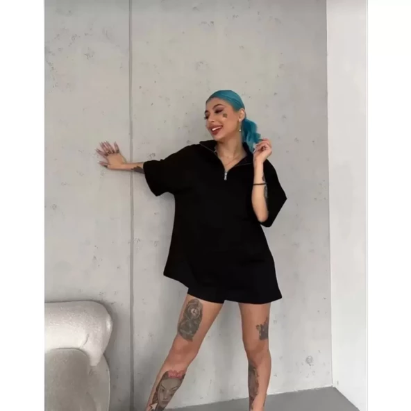 Lucky Life Unisex Yarım Fermuarlı Düz Oversize T-Shirt - Siyah - 3