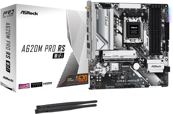 ASRock A620M Pro RS WiFi 7200mhz(OC) RGB M.2 AM5 mATX DDR5 Anakart