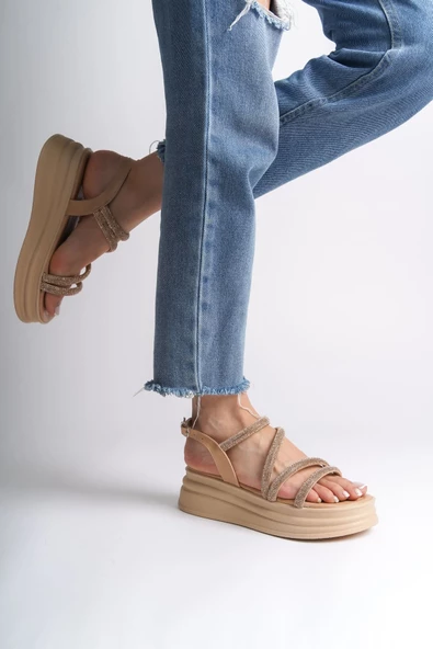 RILEY İnce Tokalı Taşlı Şeritli Ortopedik Taban Kadın Sandalet TT Ten - Resim 2