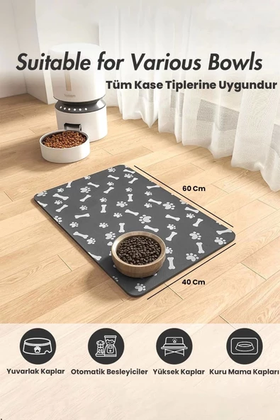 MAtGo Pati Evcil Hayvan Besleme Matı Pati ve Kemikli Kaymaz Antrasit Gri Kedi Köpek Mama Pad/Paspası 40x60cm - 2
