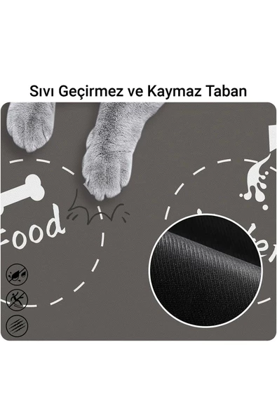 MAtGo Pati Food Water Gri Evcil Hayvan Beslenme Matı Kaymaz Sıvı Geçirmez Kedi Köpek Mama Paspası 50x70cm - 4