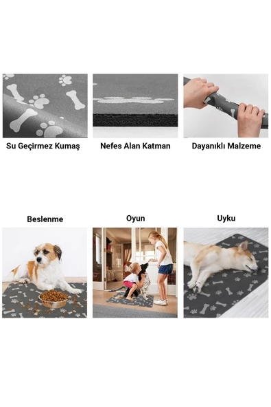 MAtGo Pati Evcil Hayvan Besleme Matı Pati ve Kemikli Kaymaz Antrasit Gri Kedi Köpek Mama Pad/Paspası 40x60cm - 6