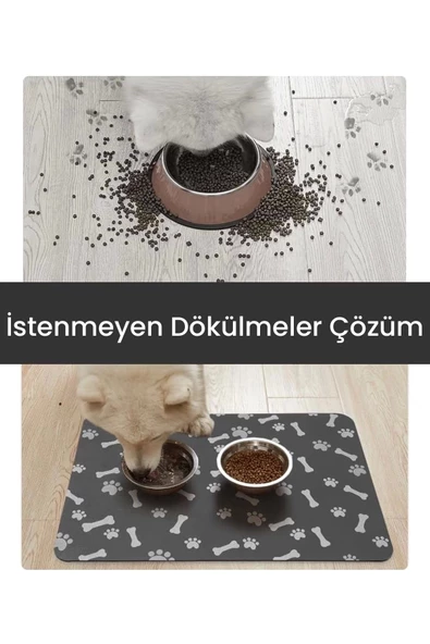 MAtGo Pati Evcil Hayvan Besleme Matı Pati ve Kemikli Kaymaz Antrasit Gri Kedi Köpek Mama Pad/Paspası 40x60cm - 4