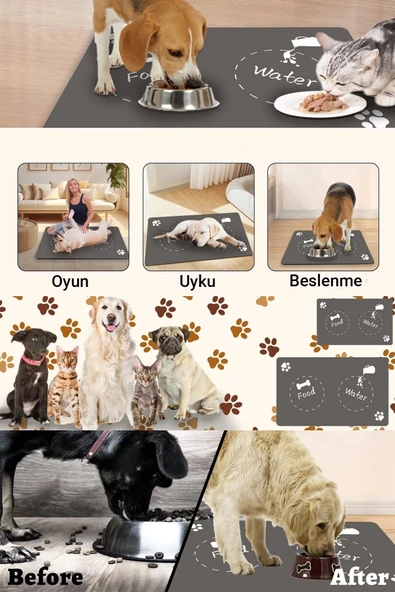 MAtGo Pati Food Water Gri Evcil Hayvan Beslenme Matı Kaymaz Sıvı Geçirmez Kedi Köpek Mama Paspası 50x70cm - 5
