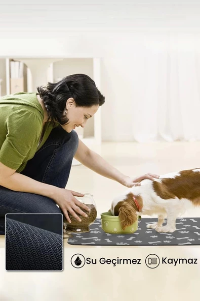 MAtGo Pati Evcil Hayvan Besleme Matı Pati ve Kemikli Kaymaz Antrasit Gri Kedi Köpek Mama Pad/Paspası 40x60cm - 5