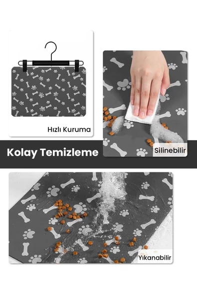 MAtGo Pati Evcil Hayvan Besleme Matı Pati ve Kemikli Kaymaz Antrasit Gri Kedi Köpek Mama Pad/Paspası 40x60cm - 3