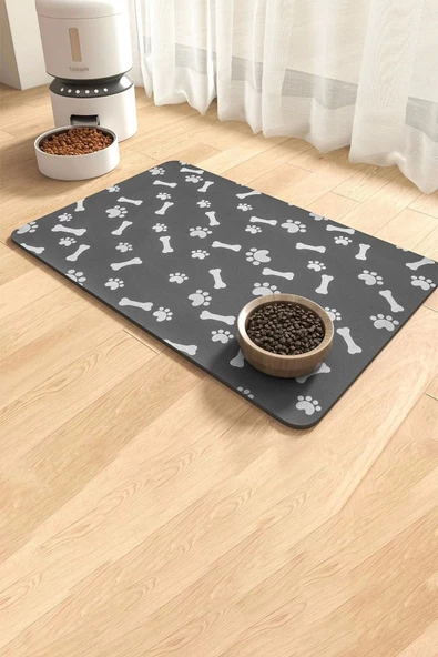 MAtGo Pati Evcil Hayvan Besleme Matı Pati ve Kemikli Kaymaz Antrasit Gri Kedi Köpek Mama Pad/Paspası 40x60cm