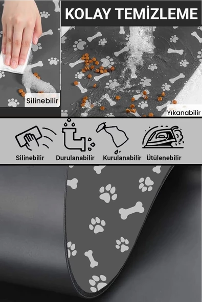 MAtGo Pati Evcil Hayvan Besleme Matı Pati ve Kemikli Kaymaz Antrasit Gri Kedi Köpek Mama Pad/Paspası 40x60cm - 7