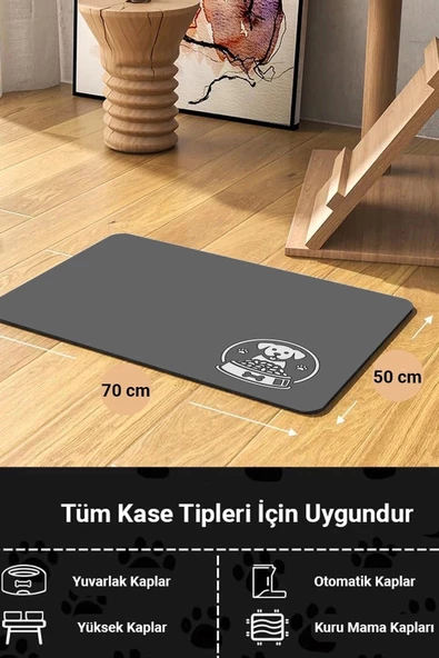 MAtGo Pati Gri Köpekli Evcil Hayvan Beslenme Matı Kaymaz Sıvı Geçirmez Kedi Köpek Mama Paspası 50x70cm - 2
