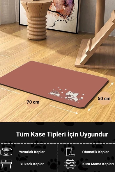 MAtGo Pati Mama Çeken Kedi Gül Kurusu Beslenme Matı Kaymaz Sıvı Geçirmez Kedi Köpek Mama Paspası 50x70cm - 2