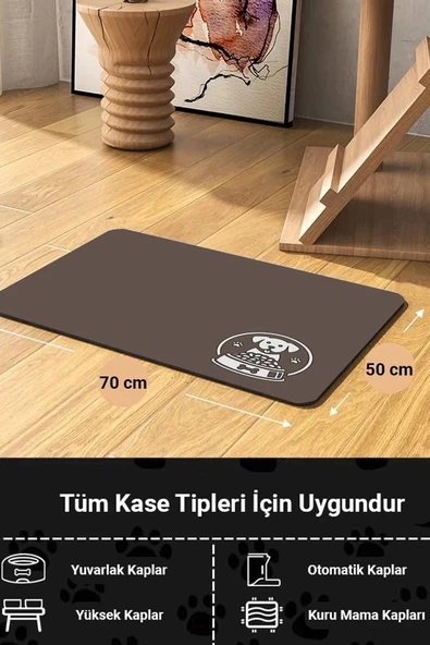 MAtGo Pati Kahverengi Köpek Figürlü Beslenme Matı Kaymaz Sıvı Geçirmez Kedi Köpek Mama Paspası 50x70cm - 2