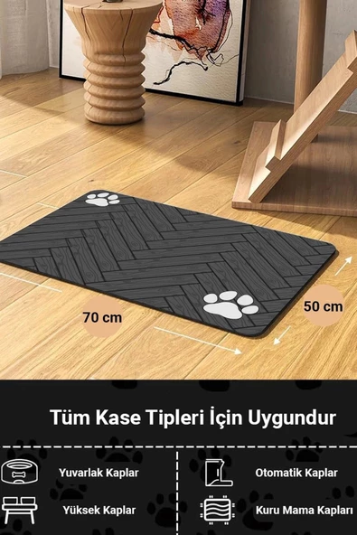 MAtGo Pati Parke Desenli Gri Renk Beslenme Matı Kaymaz Sıvı Geçirmez Kedi Köpek Mama Paspası 50x70cm - 2