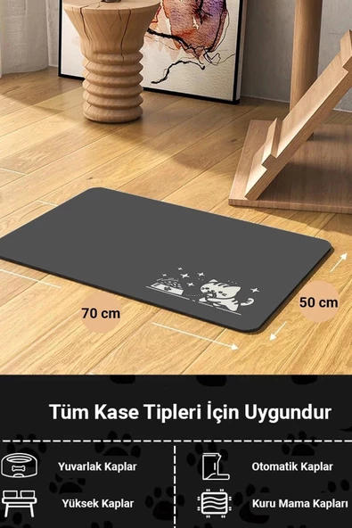 MAtGo Pati Mama Çeken Kedi Gri Renk Beslenme Matı Kaymaz Sıvı Geçirmez Kedi Köpek Mama Paspası 50x70cm - 2