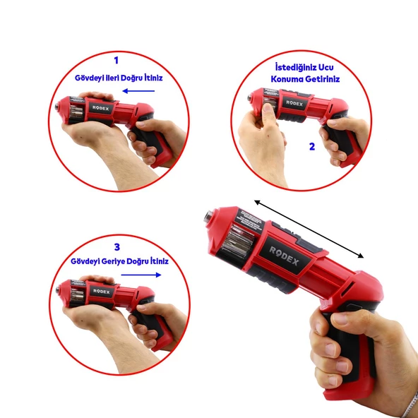 Rodex RDX331 Akülü Otomatik Değiştirilebilir Uçlu Vidalama Şarjlı Tornavida Yıldız Düz Uç Hediyeli - 2
