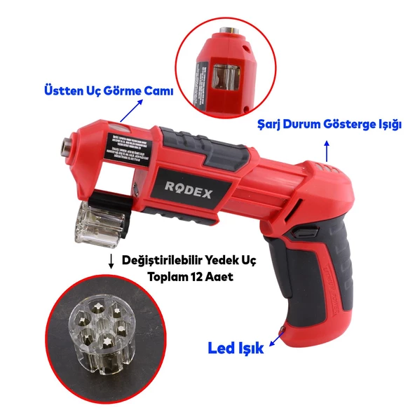 Rodex RDX331 Akülü Otomatik Değiştirilebilir Uçlu Vidalama Şarjlı Tornavida Yıldız Düz Uç Hediyeli - 3