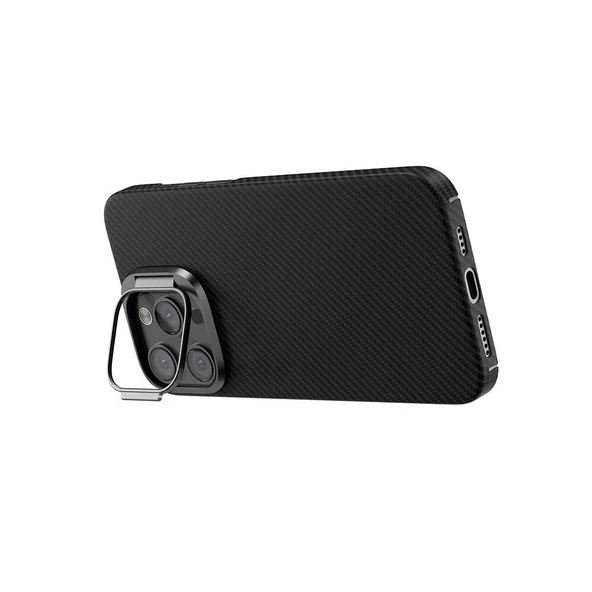 iPhone 15 Pro Max Uyumlu  Uyumlu KılıfMagsafe Şarj Özellikli 600D Kevlar Krek Karbon Standlı Kapak - 9
