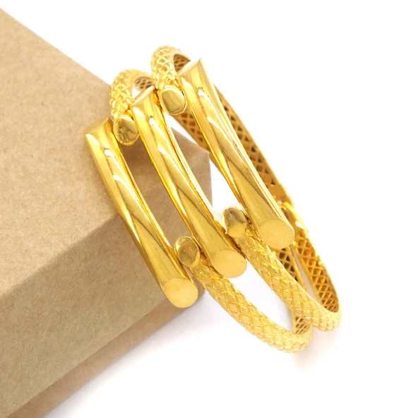 FerizZ Altın Kaplama İki Kollu 3 Sıra Kaburga Bilezik BLZ-501 - Resim 6